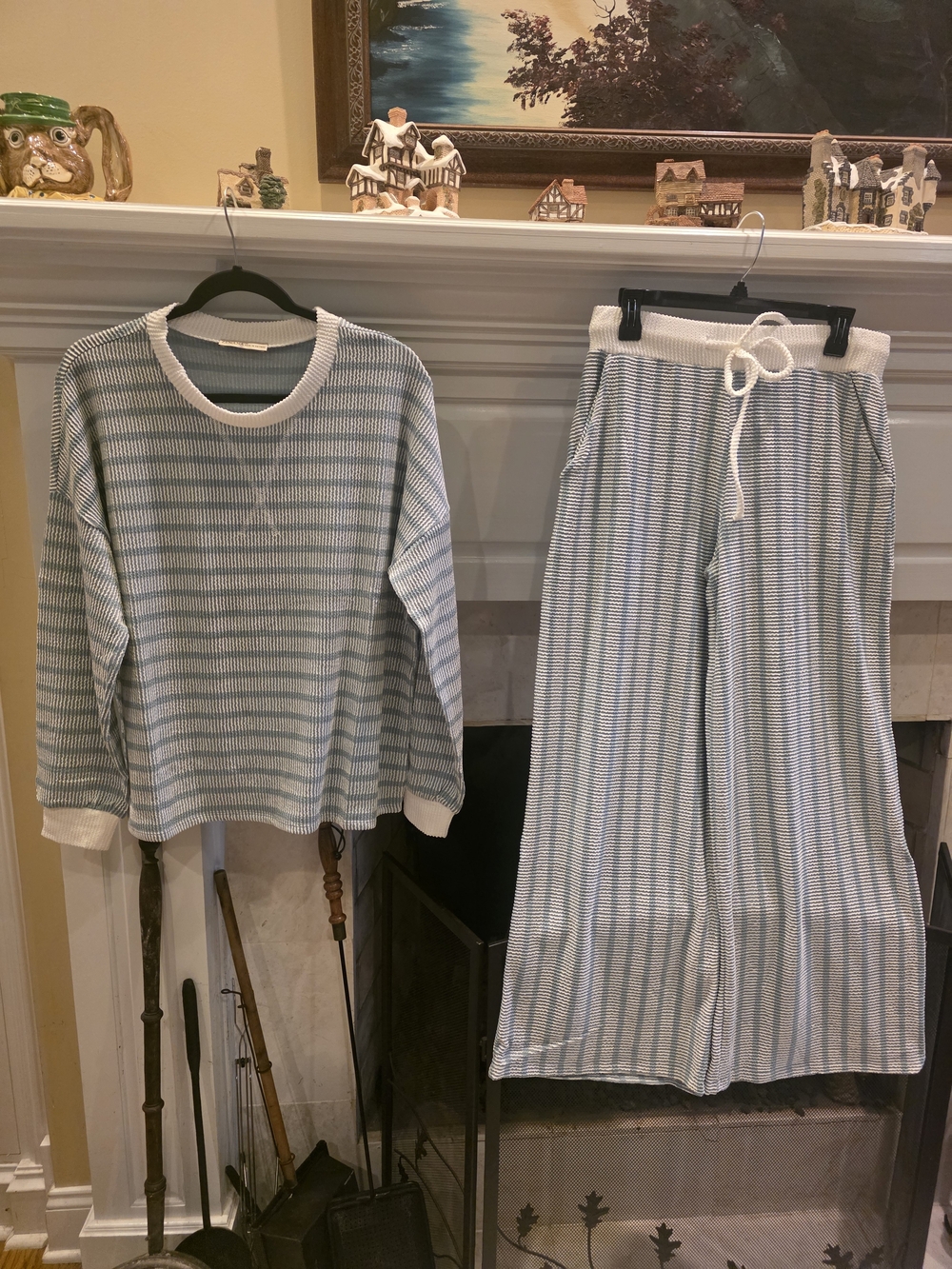 Zenana Outfitters Dusty Blue & White Wide Leg Lounge Set